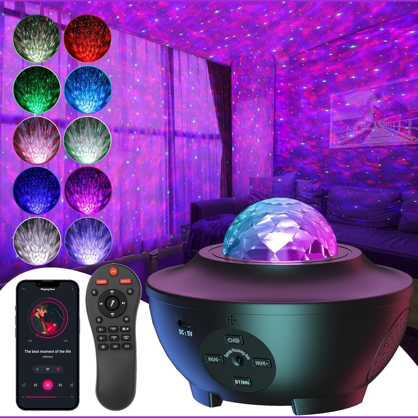 168175 - UOUNE Projektor LED me Qiell Yjor, me Altoparlant Bluetooth, Dritë Nate për Fëmijë dhe të Rritur, Kohëmatës, i Zi