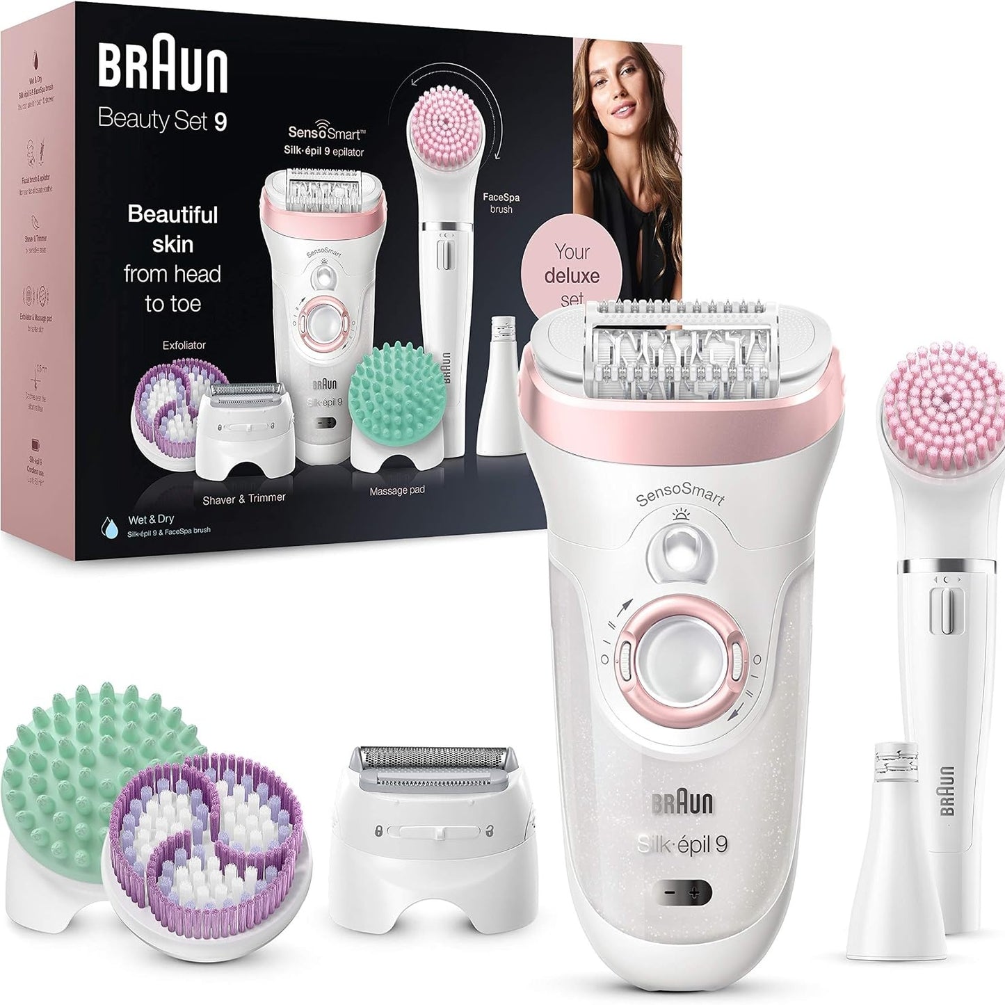 289398 - BRAUN Silk-épil 9 Beauty Set Deluxe 9-995 - Depilator pa tel 9-në-1 për femra, i lagësht dhe i thatë, me brisk, pastrim fytyre, eksfolim trupi