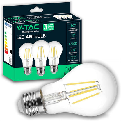 262452 - V-TAC Llampa LED 3x E27-12W (ekuivalent me 100W), A60-1521 Lumen, llampë LED me xham klasik, efikasitet maksimal, e bardhë e ftohtë 6500K