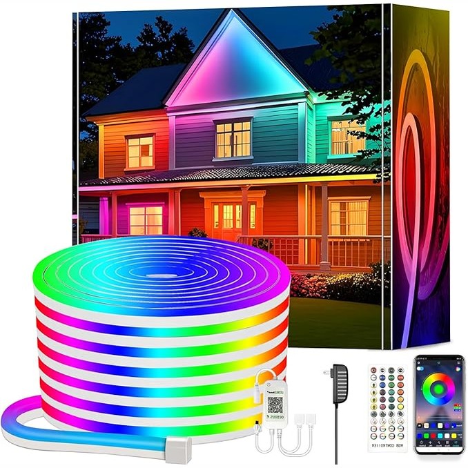 167412 - CALFLUX Shirit LED Neon 10m, IP65 i Papërshkueshëm nga Uji, Ngjyra RGB, Me Telekomandë Bluetooth, Voltazh 24V, Përdorim për Dekorim të Brendshëm/Të Jashtëm