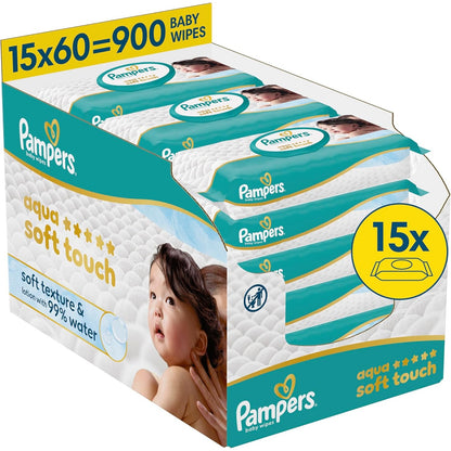 275377 - PAMPERS Peceta për foshnje Aqua Soft Touch | 15 pako me 60 peceta | Teksturë e butë | Locion me 99% ujë