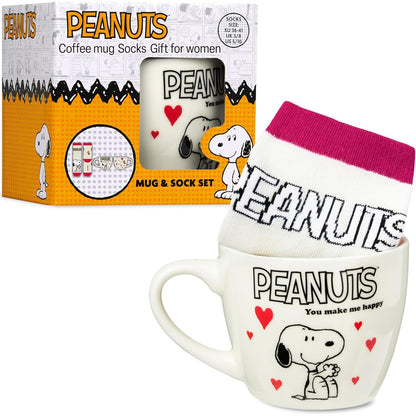 216768 - PEANUTS MERRNI Set Dhurate me Filxhan dhe Çorape Trend Snoopy për Gra dhe Adoleshente, Filxhan Qeramike 340ml dhe Çorape Shumëngjyrëshe, Dhuratë Origjinale (Snoopy Rozë)