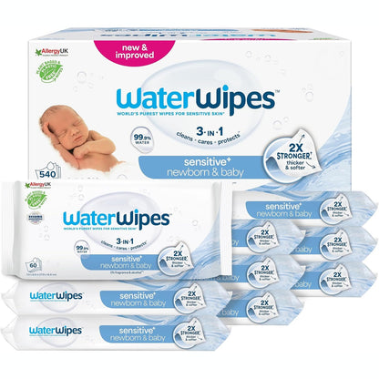 289795 - WATERWIPES Peceta Sensitive+ për të porsalindur dhe bebe, 540 peceta (9 pako), 99.9% ujë, pa aromë