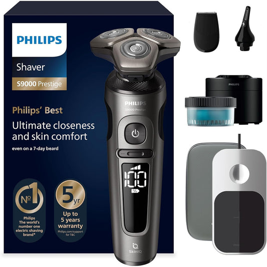 302684 - PHILIPS Rrojtore S9000 Prestige, makinë elektrike rroje për të lagur dhe të thatë, ngjyrë ari, teknologji SkinIQ, çantë udhëtimi, jastëk karikimi Qi, makinë prerëse precize, makinë prerëse qimesh në hundë dhe stacion pastrimi, modeli SP9882/36
