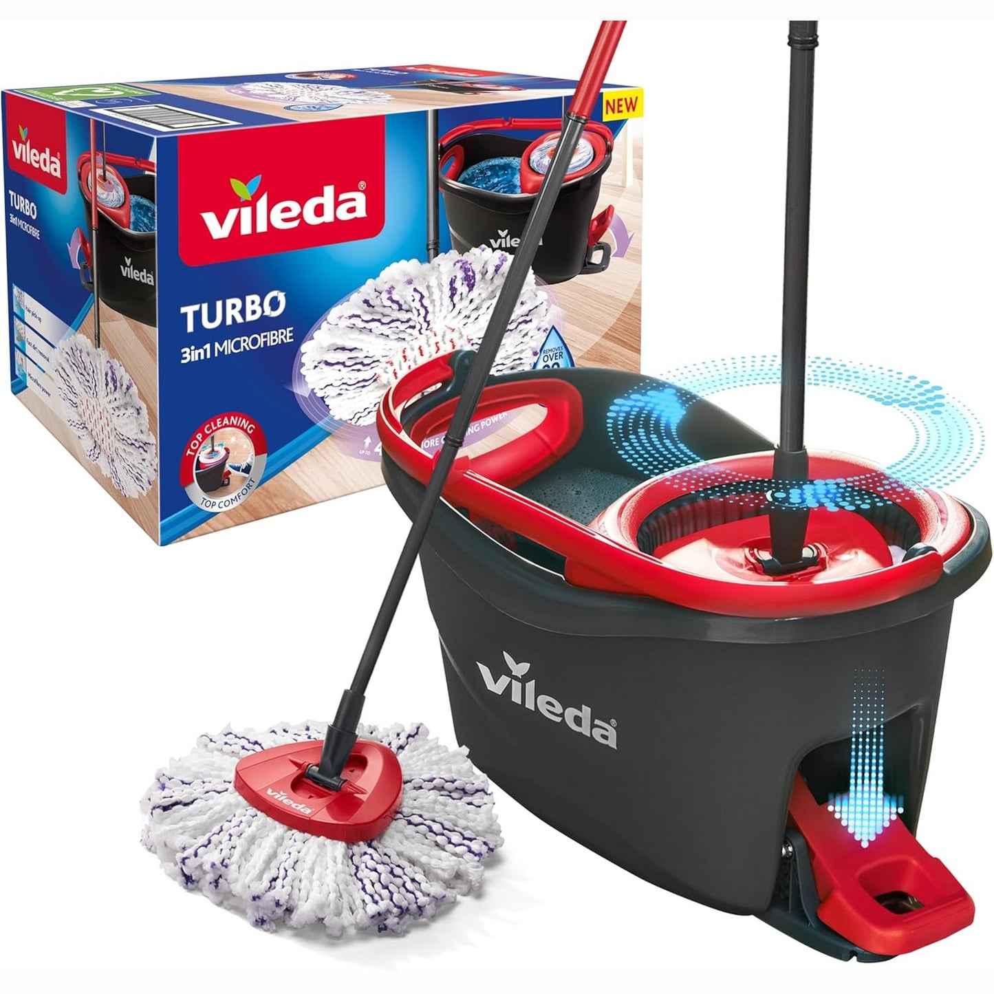 221364 - VILEDA Kit i plotë pastrimi dyshemeje Turbo 3 në 1, dorezë teleskopike 85-123 cm, mop rrotullues me kovë me pedale, sfungjerë mikrofibre 3 në 1