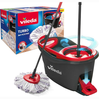 221364 - VILEDA Kit i plotë pastrimi dyshemeje Turbo 3 në 1, dorezë teleskopike 85-123 cm, mop rrotullues me kovë me pedale, sfungjerë mikrofibre 3 në 1
