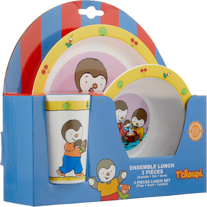 228466 - SHTËPIA ARGËTUese, Set Vaktesh T'Choupi, 1 Filxhan 220ml + 1 Pjatë + 1 Tas, i përshtatshëm për mikrovalë, e verdhë