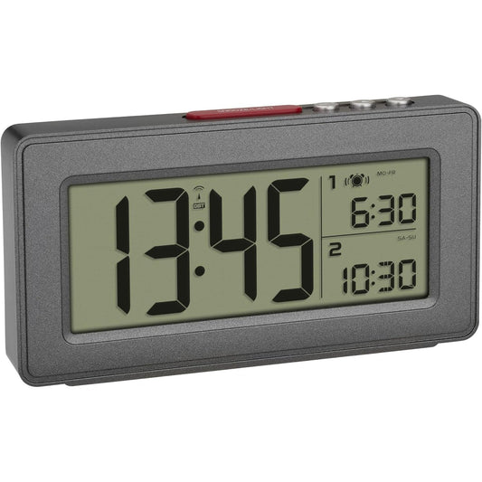 137145 - TFA DOSTMANN orë alarmi dixhitale 60.2563 me radio të kontrolluar, dy orë alarmi, modalitet fundjave, shfaqje të datës dhe ditës, ndriçim prapa, funksion shtyrjeje, ngjyrë antracit