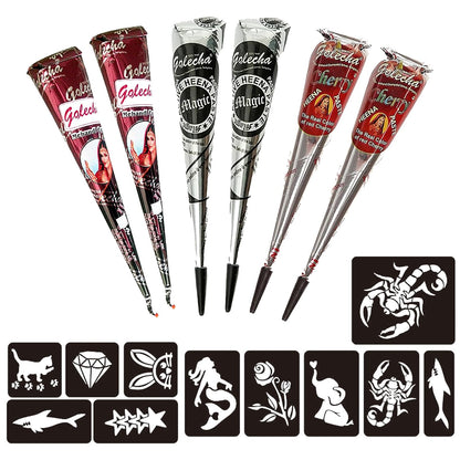 317400 - TATUAZH ME HENA 6x Naturic, Tatuazh i Përkohshëm 11x Shabllon, Tatuazhe të Përkohshme Mehndi, Kone Natyrale, Ngjitëse Tatuazhesh, Kafe e Kuqe, e Kuqe Qershi, e Zezë