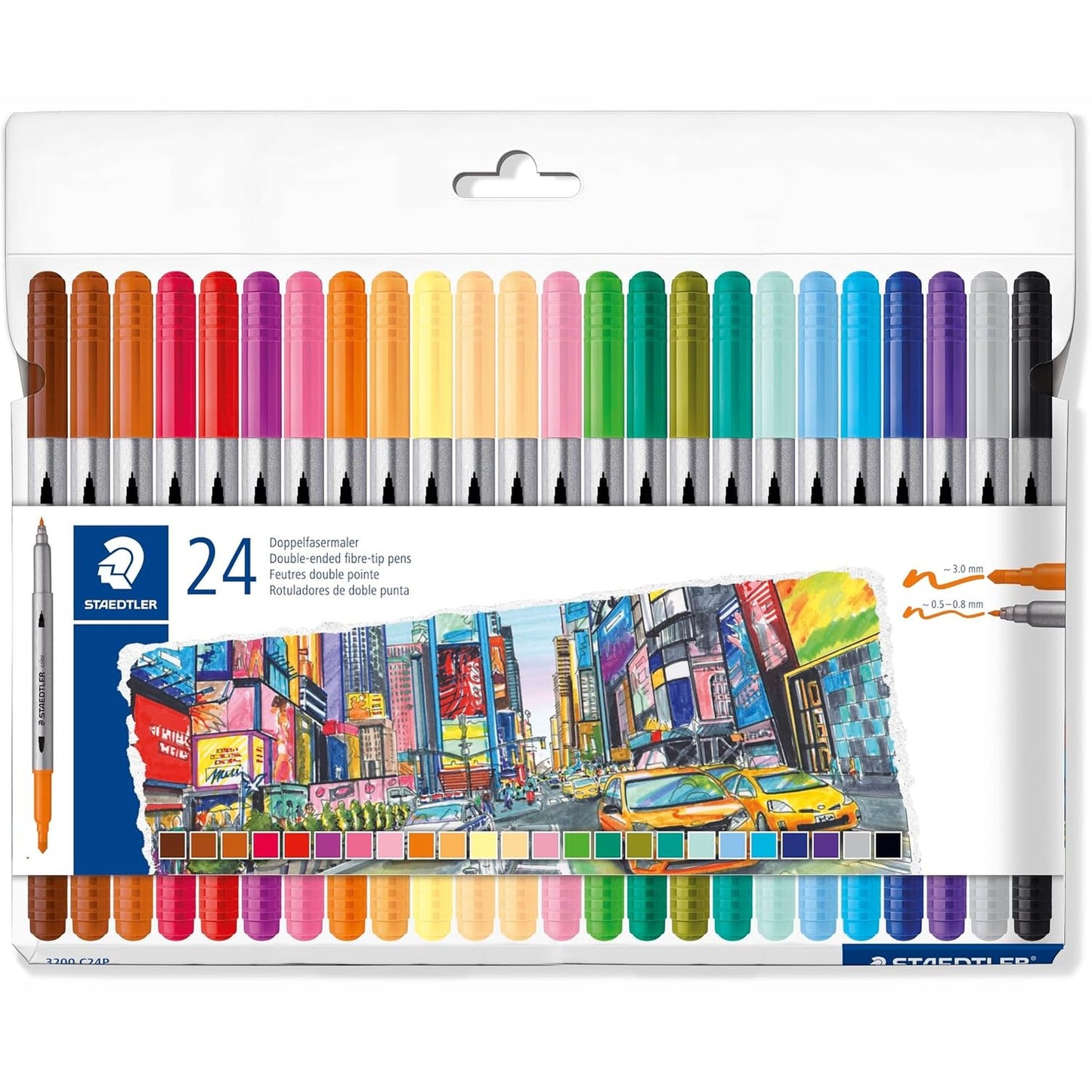 274236 - STAEDTLER Shënjues me fibra 3200 me dy qëllime, dy maja për vija të holla dhe të gjera, kuti me 24 shënjues me fibra me dy qëllime në ngjyra të ndryshme, 3200 C24P