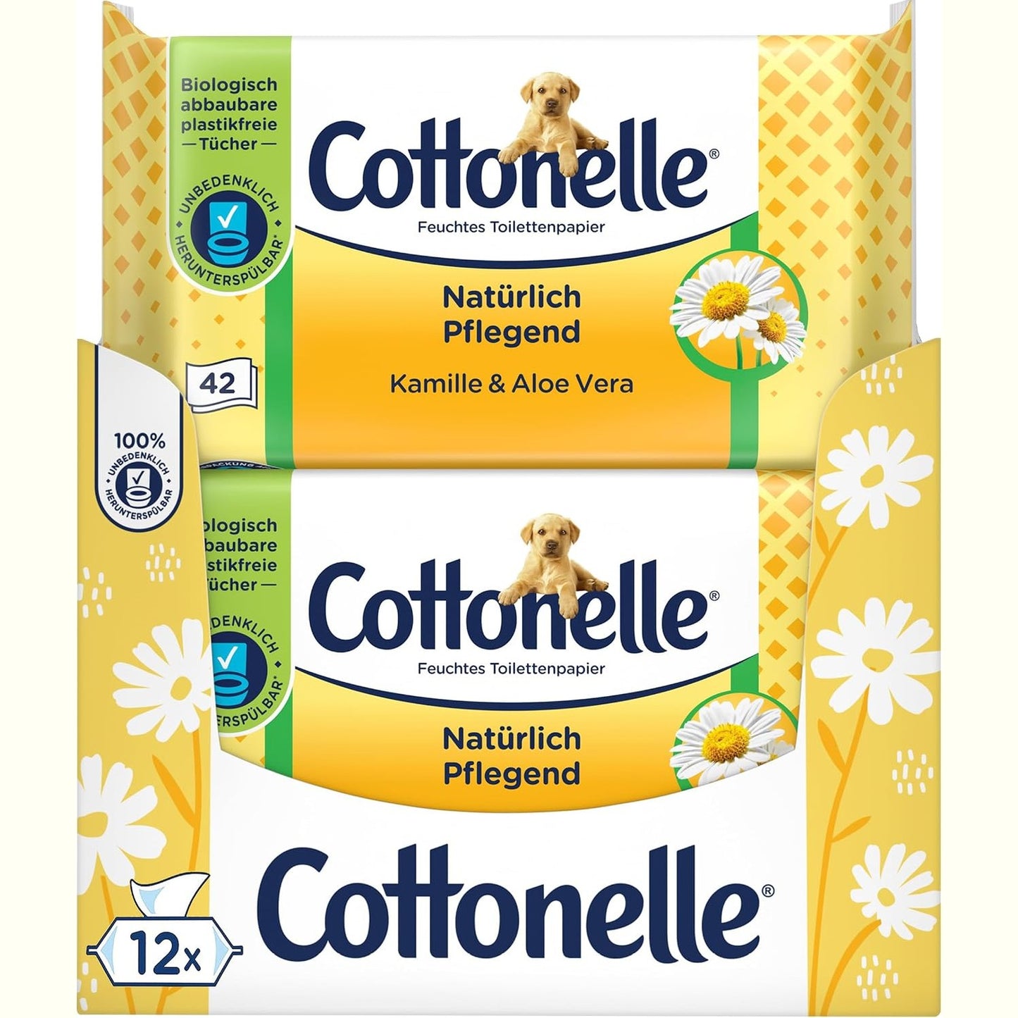 316562 - COTTONELLE Letër higjienike e lagësht, Kamomil dhe Aloe Vera, biodegraduese, pa plastikë, ripërdorshme, pako me 12 x 42 peceta