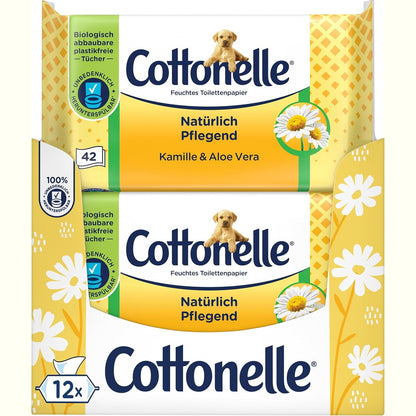 316562 - COTTONELLE Letër higjienike e lagësht, Kamomil dhe Aloe Vera, biodegraduese, pa plastikë, ripërdorshme, pako me 12 x 42 peceta