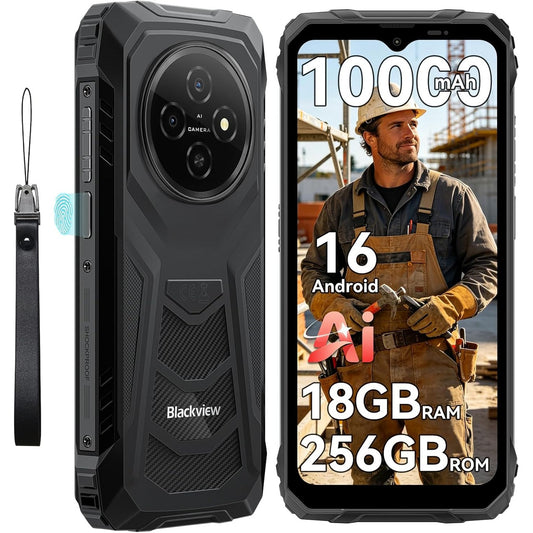 309438 - BLACKVIEW Rugged 10000mAh, Smartphone Android 16, IP68/IP69K i papërshkueshëm nga uji, 18GB RAM + 256GB ROM, Ekran 6.56" HD+ 90Hz, Kamera AI, Dual SIM, NFC, OTG, GPS, Garanci 3-vjeçare