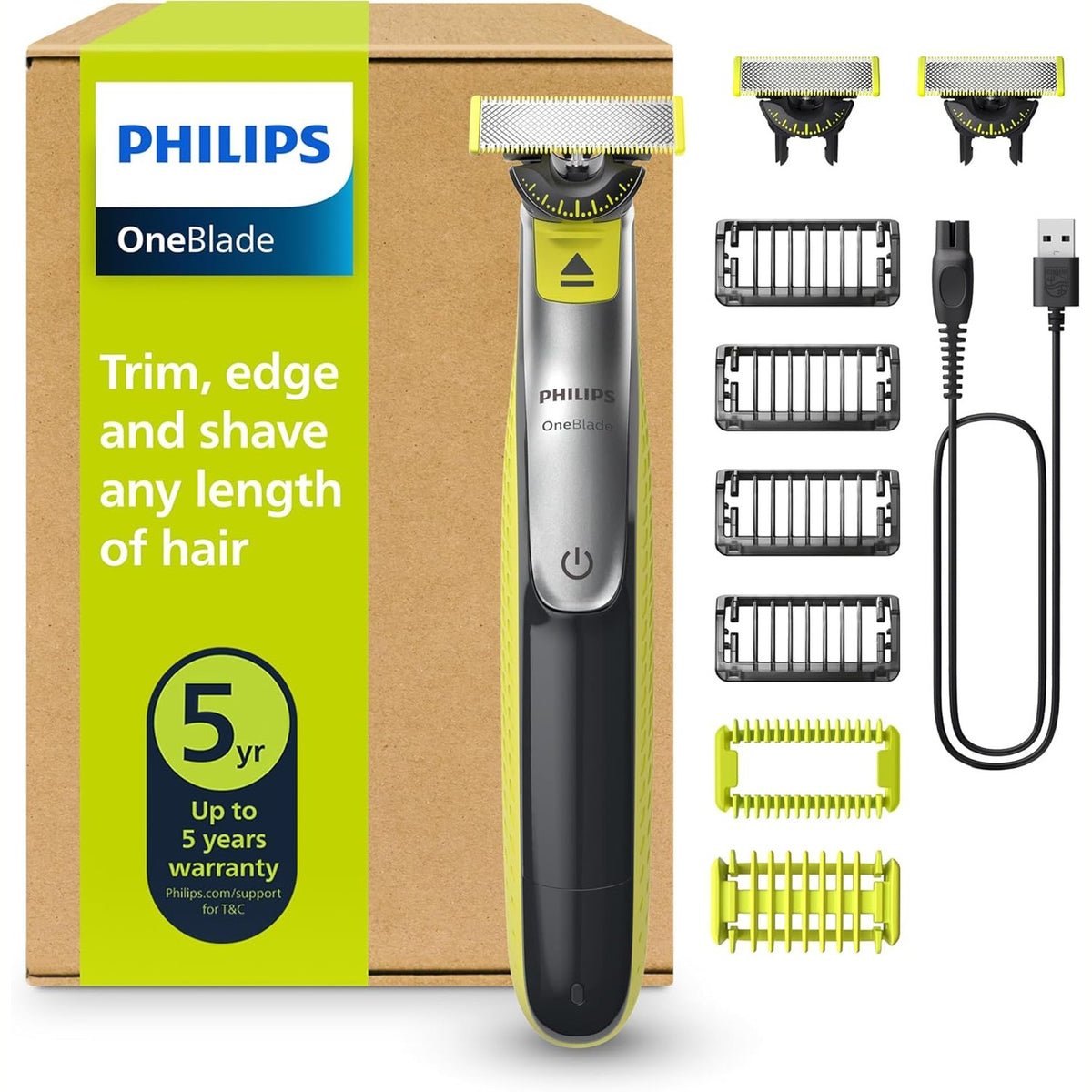 315903 - PHILIPS Makinë prerëse elektrike OneBlade, 3 tehe 360, 4 krehër për flokë (1, 2, 3, 5 mm), QP2834/31