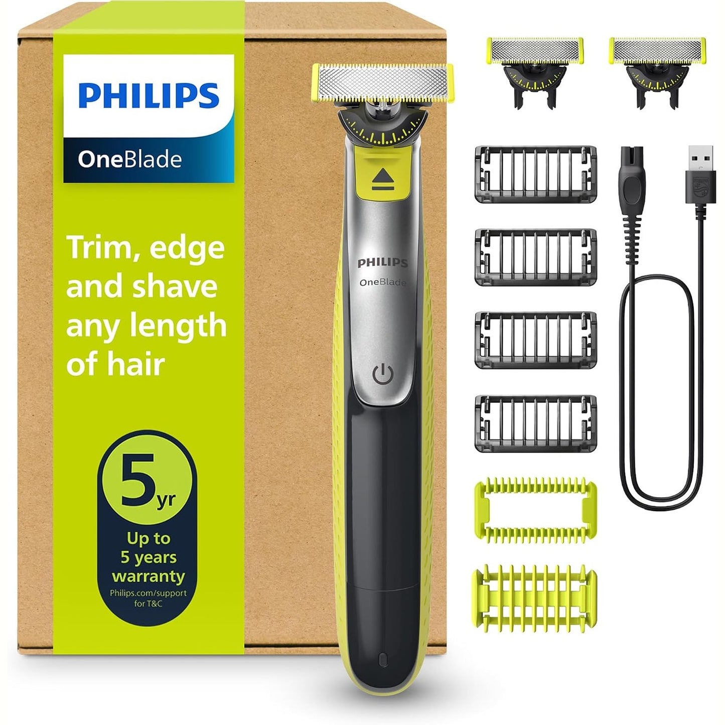 274977 - PHILIPS OneBlade QP2834/31, Makinë elektrike për prerjen e mjekrës 360 gradë, 3 tehe 360 gradë, 4 krehëra mjekre (1, 2, 3, 5 mm), për fytyrën dhe trupin