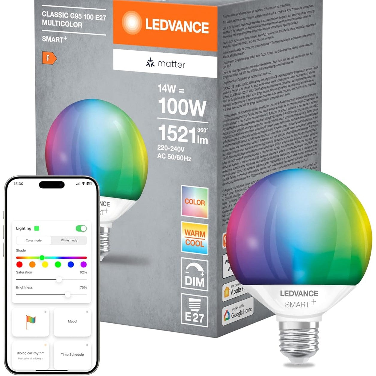 210560 - LEDVANCE SMART+ MATT Llambë LED, 14W, 1521LM, E27, Optika Frosted White, me Ngjyra dhe Dritë e Bardhë, e Pajtueshme me Google, Alexa, Apple, Kontroll Vokal, Jetëgjatësi deri në 20 000 Orë, 1 Pako