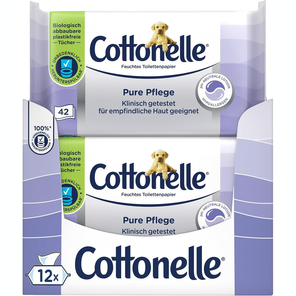 300637 - COTTONELLE Letër higjienike Moist Pure Care, ultra e ndjeshme, 99% ujë, 12 x 42 peceta, pa aromë dhe hipoalergjike
