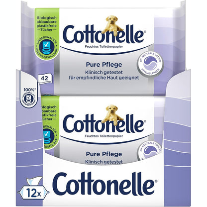 300637 - COTTONELLE Letër higjienike Moist Pure Care, ultra e ndjeshme, 99% ujë, 12 x 42 peceta, pa aromë dhe hipoalergjike