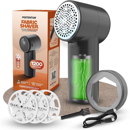 173031 - PORTENTUM Heqës Pushi Elektrik - Ekran LED, 3 Shpejtësi (Deri ne 9000 RPM), 6 Teh, Jetëgjatësi Baterie Deri në 2 Orë, Rikarikueshëm permes USB C, i Përshtatshëm për Rroba dhe Pëlhura Shtëpiake, Kompakt dhe i Fuqishëm