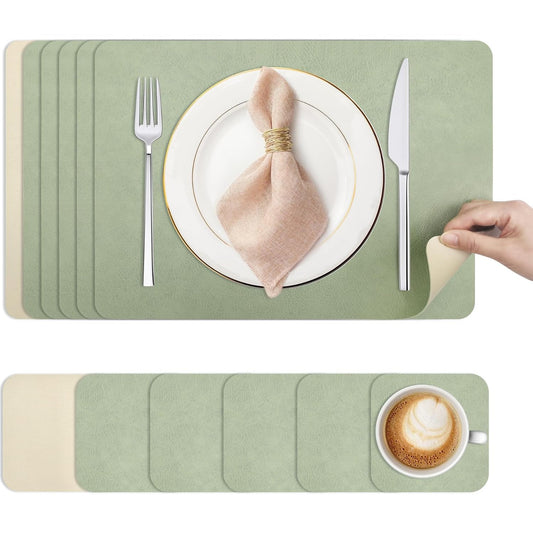 205781 - KITCHENBOSS: Set Tapicerish dhe Mbështetësesh për në Tavolinë të Lajshme, Jo-Rrëshqitëse, Rezistente ndaj Nxehtësisë, Me Dy Anë, Material PVC, për Dhomën e Ngrënies, 43x30cm, Set me 6 Copë (Jeshile e Çelët + Bezhë)