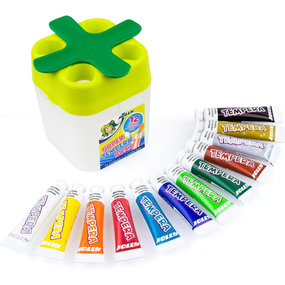 335021 - JOLLY Super Tempera Boxx, Aquaboxx me 12 ngjyra Super Tempera x 7.5ml, bojë shkolle, kuti uji me 4 dhoma
