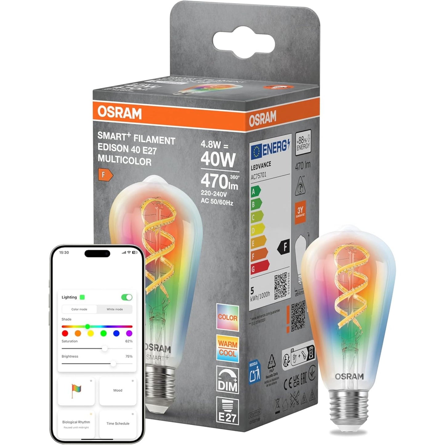 251959 - OSRAM SMART+ LLAMBË LED EDISON 40 FILAMENT E27, RGBW, e pajtueshme me Matter, lidhje WiFi, kontroll me aplikacion dhe zë, 4.8W, shumëngjyrëshe, e errësueshme
