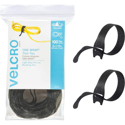 296196 - VELCRO Lidhëse kabllosh, 100 copë, Rripa të zinj 8 x 1.2 inç, Menaxhimi i telave