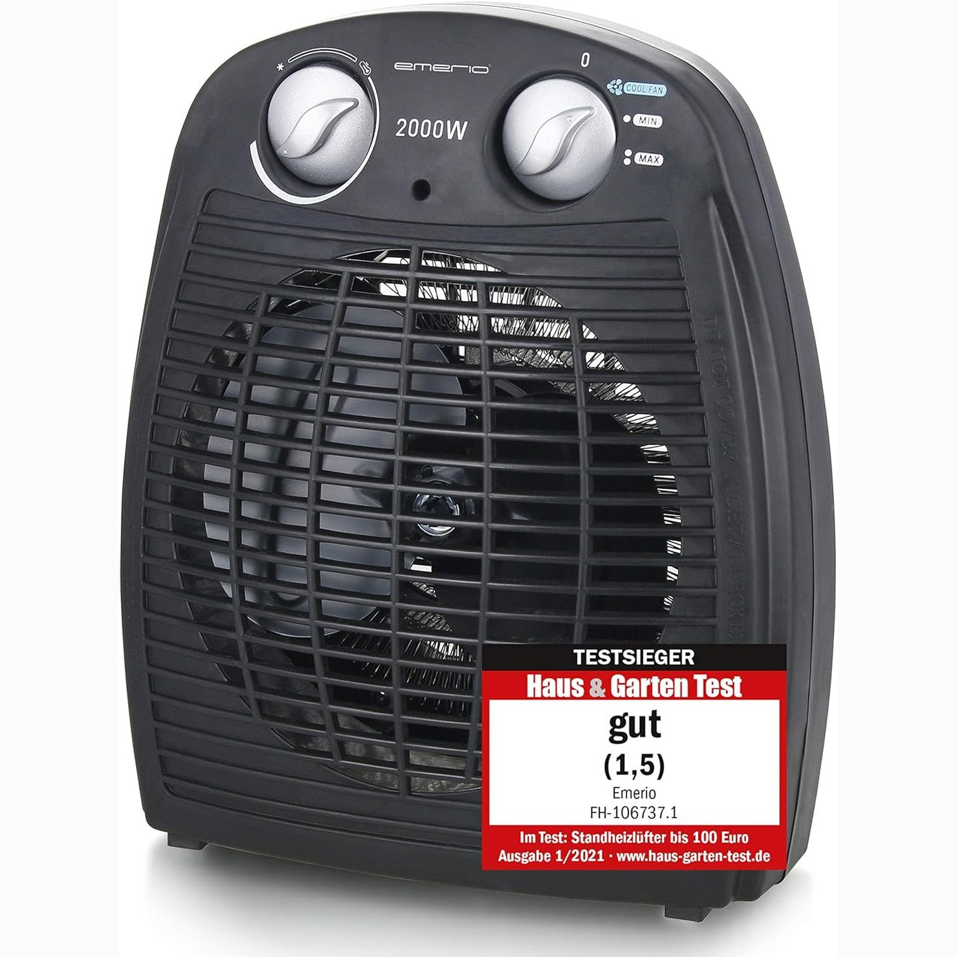 293734 - EMERIO FH-106737.2 Ngrohës i vogël kompakt me ventilator për 20 m², 2 nivele fuqie ngrohjeje, funksion ventilatori, termostat i rregullueshëm, çelës sigurie, dorezë, 2000 W