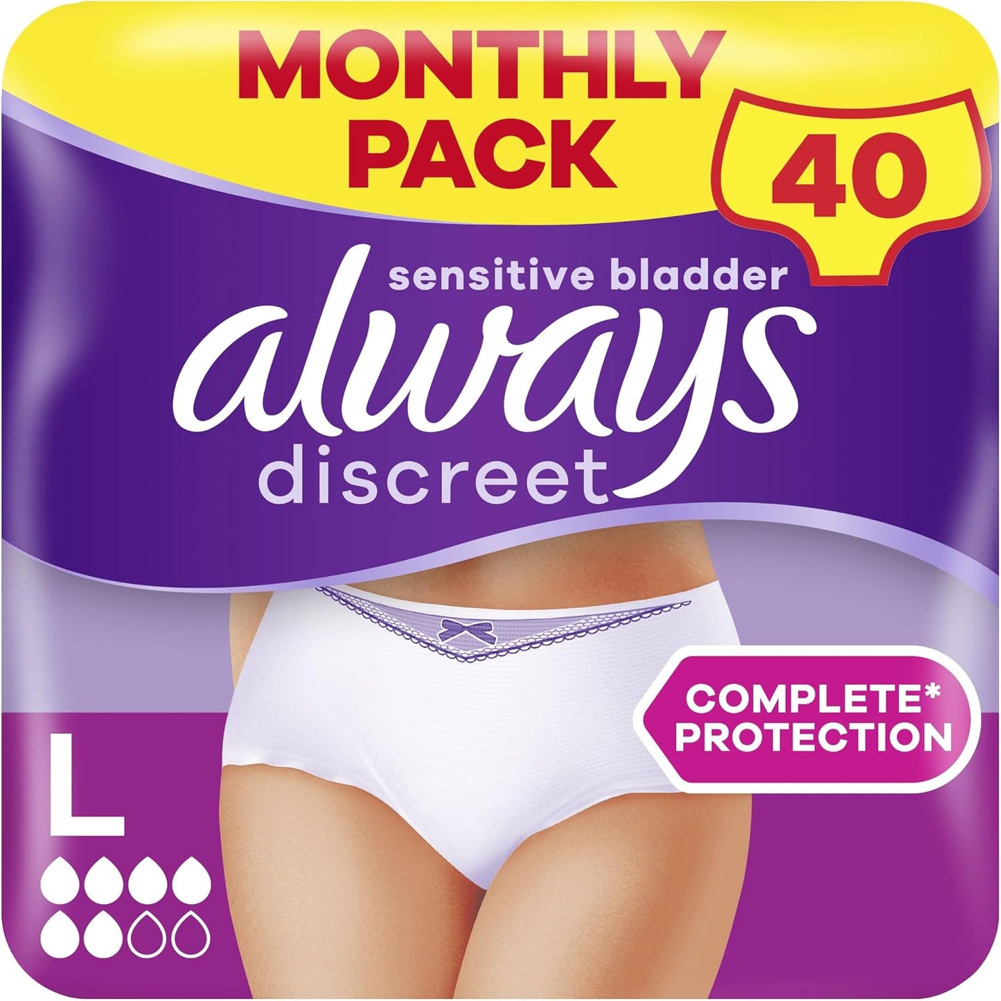 321235 - ALWAYS DISCREET Të brendshme për inkontinencë për femra, të mëdha, pako me 40 copë, 1 muaj