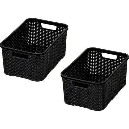 201089 - BRANQ - Shportë e Setit prej 2 copëve me Dizajn Ratani, Madhësia L (19 l), Plastikë PP pa BPA, e Zezë, 38x27.8x18.5 cm