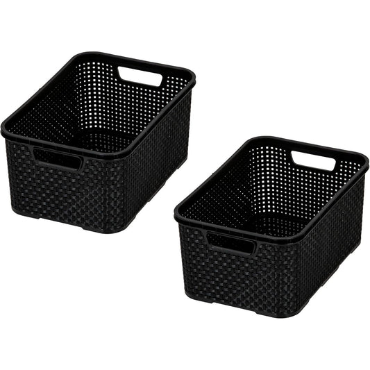 201089 - BRANQ - Shportë e Setit prej 2 copëve me Dizajn Ratani, Madhësia L (19 l), Plastikë PP pa BPA, e Zezë, 38x27.8x18.5 cm