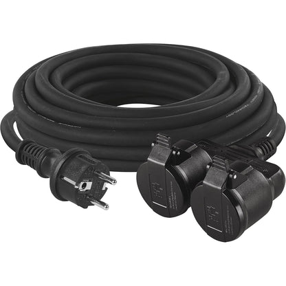 273279 - EMOS Kabllo Zgjatues IP44, 15m, 2 Priza Schuko, I papërshkueshëm nga uji, 230 V, 16 A, 3680 W, Izolim Gome, H05RR-F3G 1.5 mm², Për Përdorim të Jashtëm, e Zezë