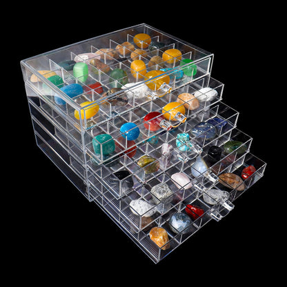 217798 - DMNNLP Vitrinë e vogël ekspozimi me gurë, 5 sirtarë, 120 rrjeta (3 x 3 cm), Kuti koleksioni prej akriliku transparent, Vitrina ekspozimi për objekte koleksionimi, Gurë të vegjël, Kuti për ruajtjen e gurëve të çmuar (21.5 x 14 x 14.5 cm)