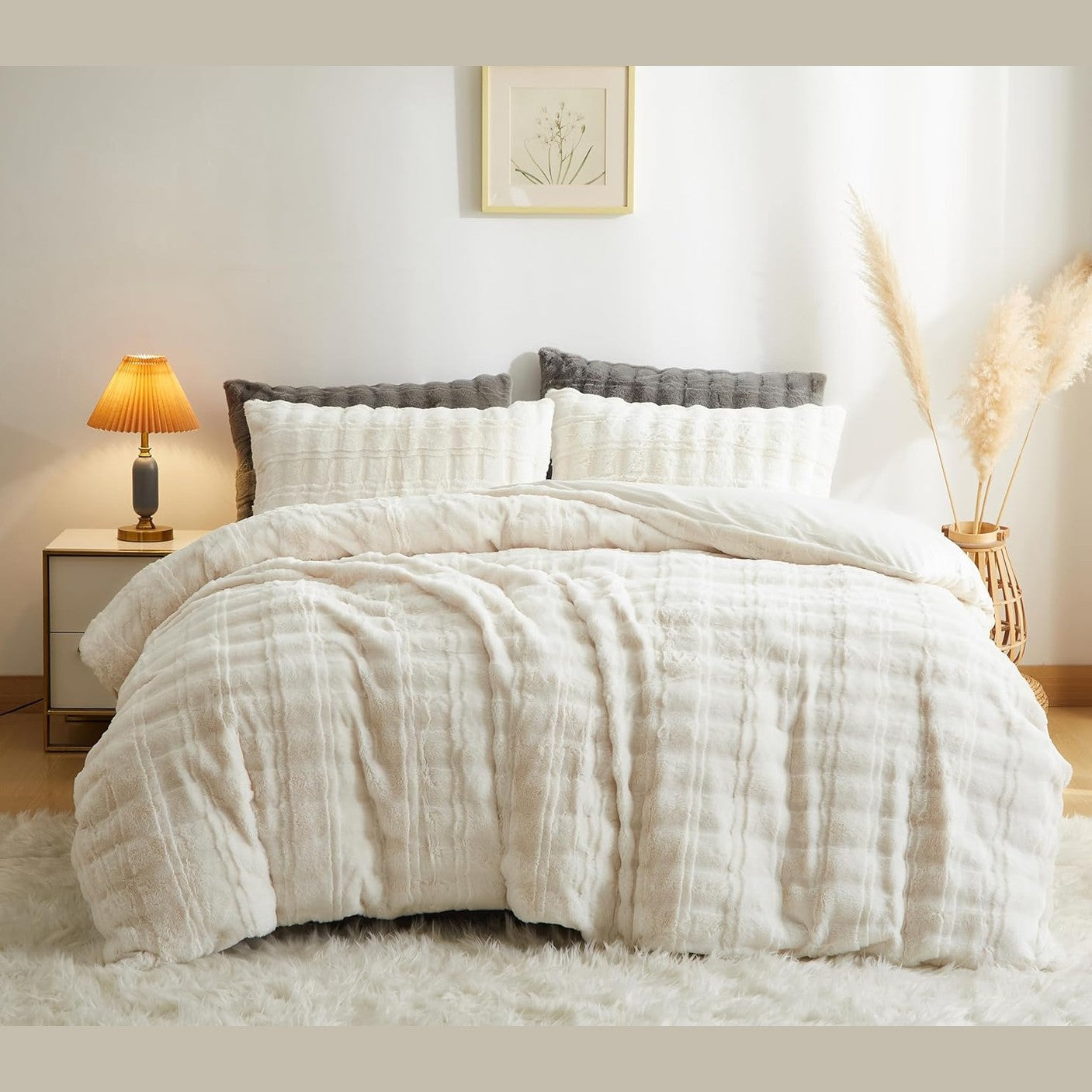 184040 - SEDEFEN Mbulesë Jorgani 200x200cm, Kreu i Bardhë, Set Çarçafësh të Ngrohtë dhe të Butë Flanel Dimëror për 2 të Rritur, Çarçafë me Qime dhe 2 Mbulesa për Jastëk 65x65cm