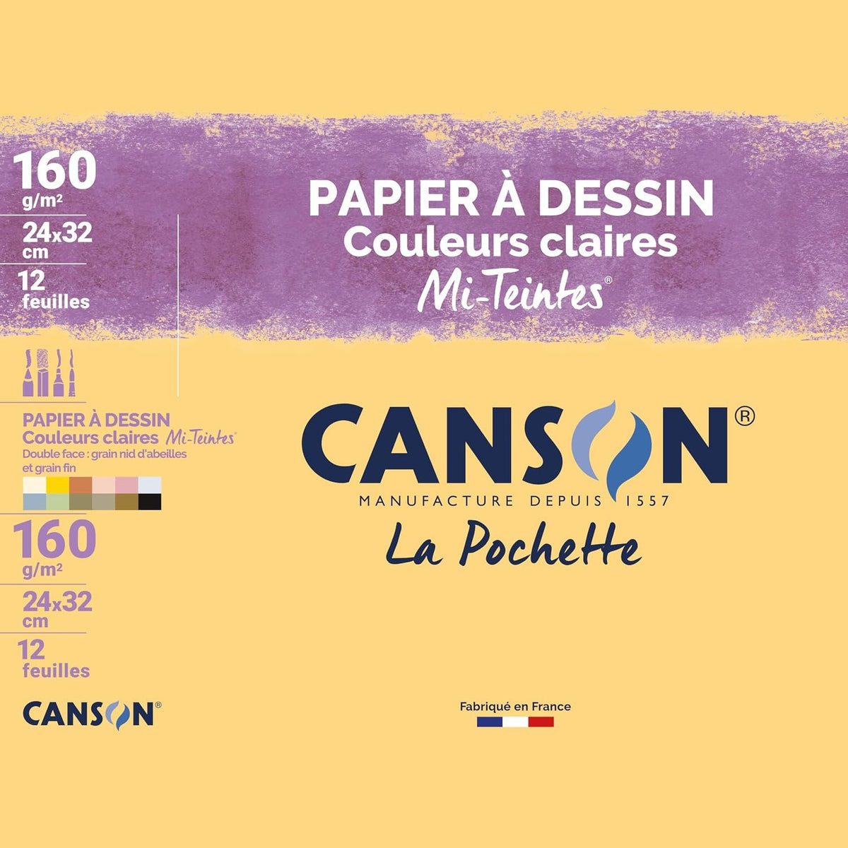 310662 - CANSON - Pako me 12 fletë letre vizatimi 24x32cm, 160g/m², ngjyra të çelëta