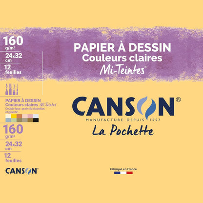 310662 - CANSON - Pako me 12 fletë letre vizatimi 24x32cm, 160g/m², ngjyra të çelëta