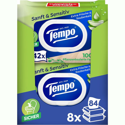 316623 - TEMPO Letër higjienike e lagësht 'E butë dhe e ndjeshme', Megapack, 16 pako me nga 42 peceta secila, aloe vera natyrale, e testuar dermatologjikisht, pH neutral