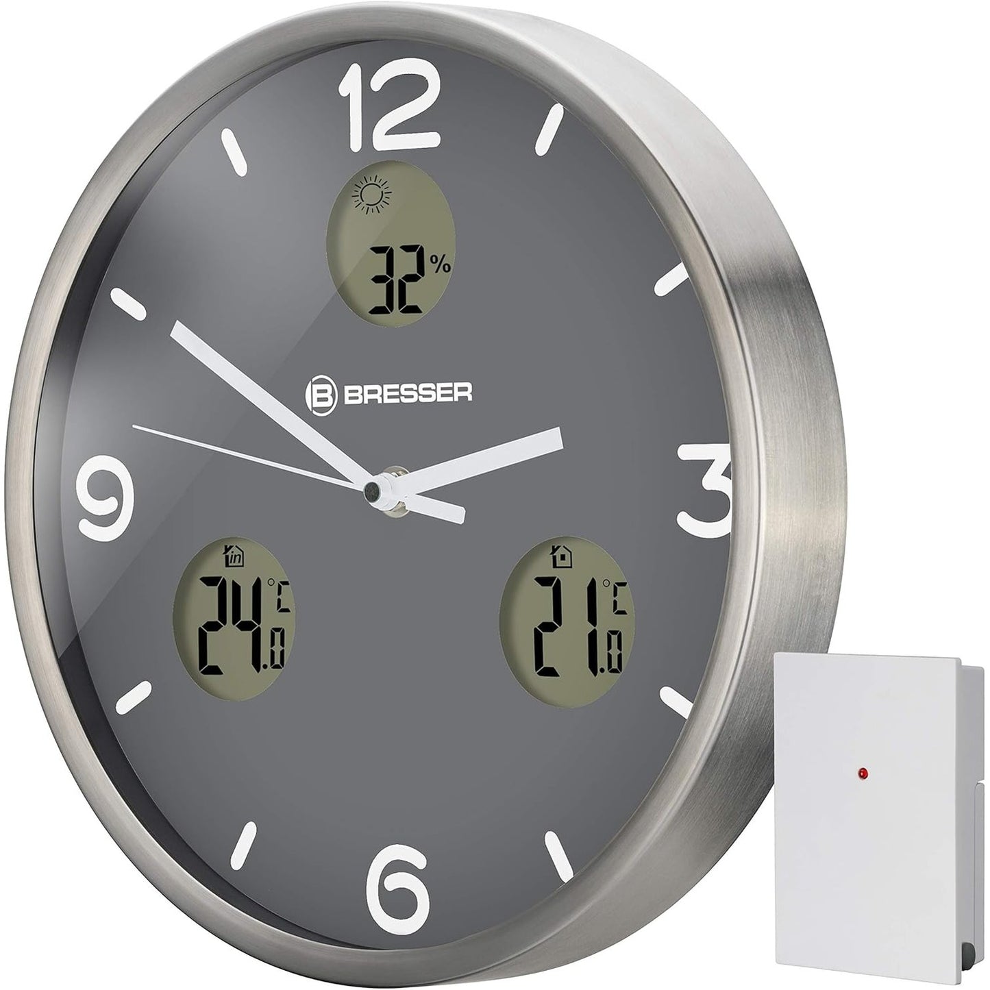 183306 - BRESSER Orë Muri me Radio-Kontroll 8020211MGU000 MyTime IO NX, Gri, me Termometër dhe Higrometër, Diametri 30 cm