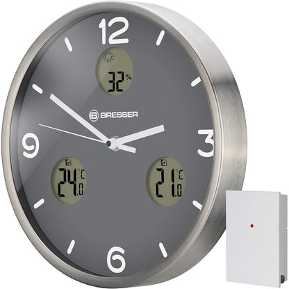 183306 - BRESSER Orë Muri me Radio-Kontroll 8020211MGU000 MyTime IO NX, Gri, me Termometër dhe Higrometër, Diametri 30 cm