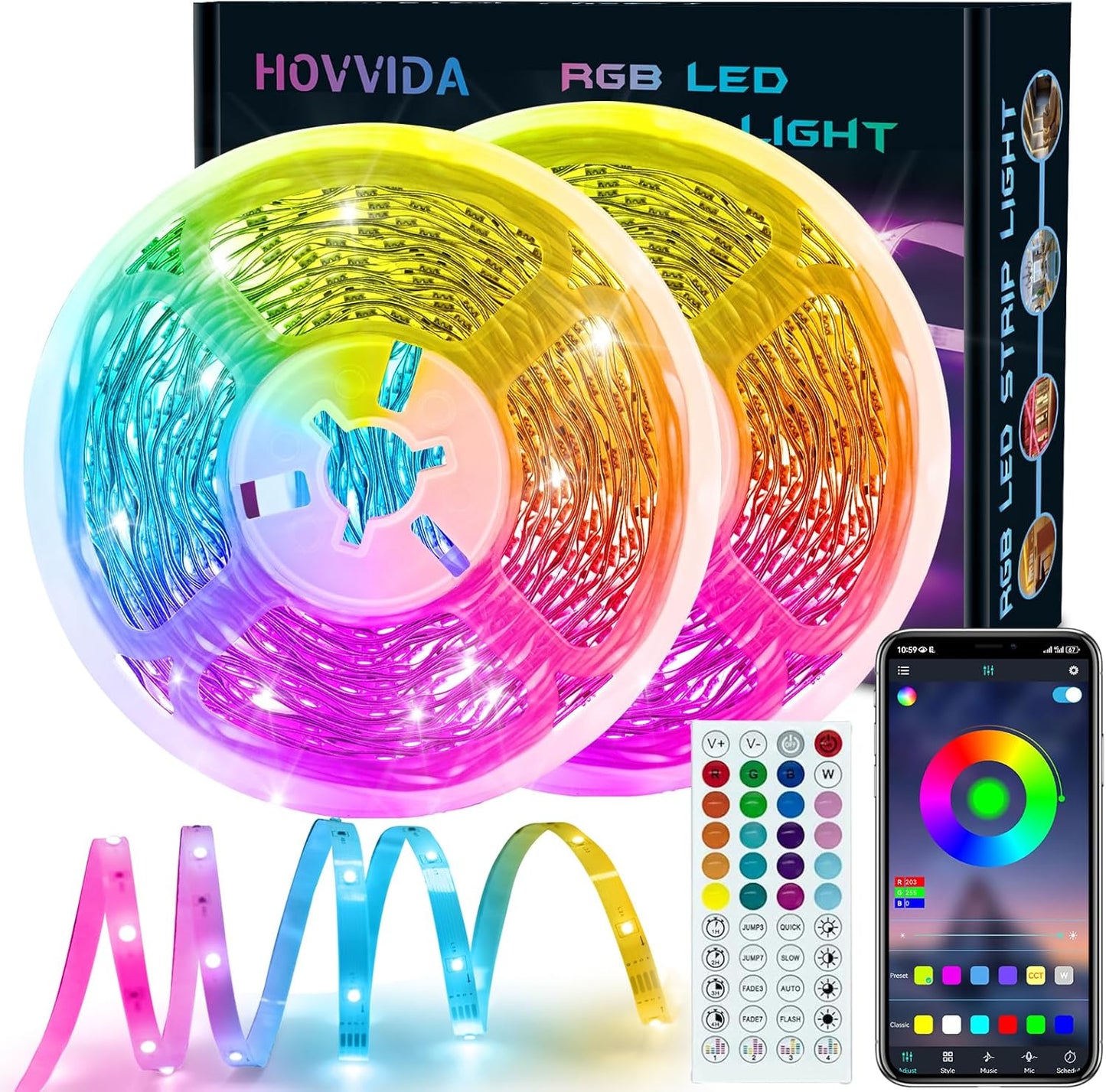 214957 - HOVVIDA Shirita dritash LED 30M, 30 LED/metër, 2x15M, drita RGB 24V, 900 LED, aplikacion dhe telekomandë, modalitet muzike
