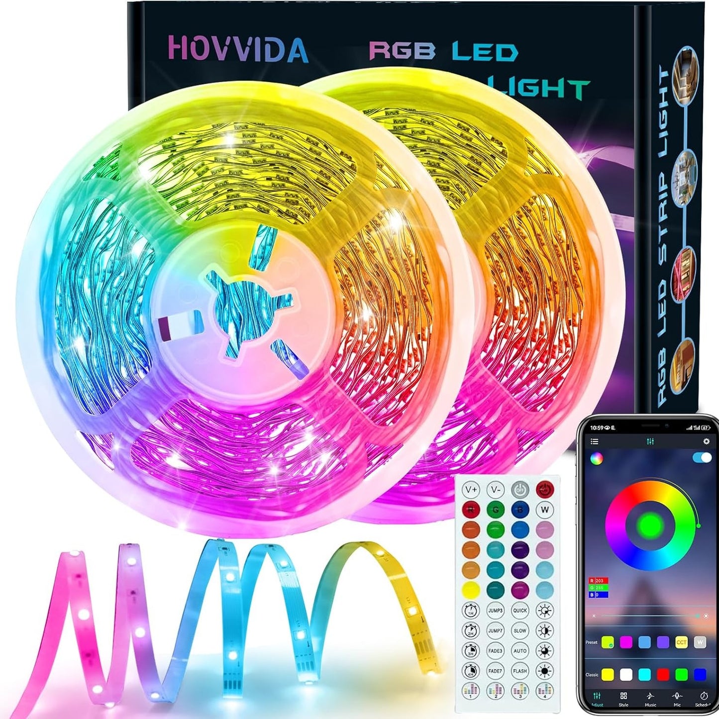 210592 - HOVVIDA Shirit LED 30M, 30 LED/Metër, RGB 24V, 900 LED, 2x15M, Kontrollues me APLIKACION dhe Telekomandë, Modalitet Muzike dhe Kohëmatësi, Përshtatshme për Dhomën e Gjumit, Dhomën e Ndenjeje, Kuzhinën, Festën