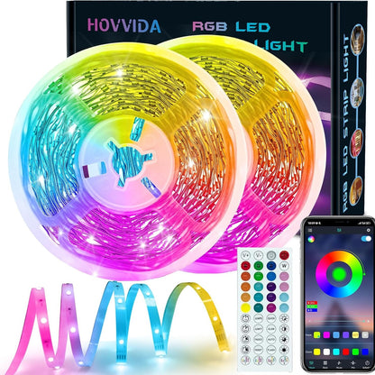 210592 - HOVVIDA Shirit LED 30M, 30 LED/Metër, RGB 24V, 900 LED, 2x15M, Kontrollues me APLIKACION dhe Telekomandë, Modalitet Muzike dhe Kohëmatësi, Përshtatshme për Dhomën e Gjumit, Dhomën e Ndenjeje, Kuzhinën, Festën