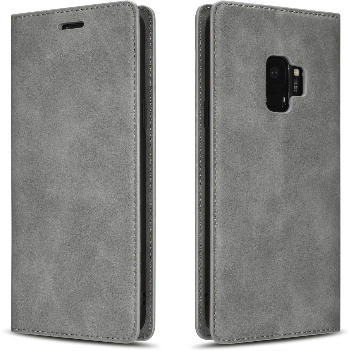 320521 - Mbrojtëse QLTYPRI për Samsung Galaxy S9, Mbrojtëse e hollë lëkure me mbajtëse karte, mbyllje magnetike, mbulesë mbrojtëse me palosje për Samsung Galaxy S9 - Gri
