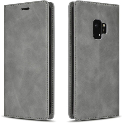 320521 - Mbrojtëse QLTYPRI për Samsung Galaxy S9, Mbrojtëse e hollë lëkure me mbajtëse karte, mbyllje magnetike, mbulesë mbrojtëse me palosje për Samsung Galaxy S9 - Gri