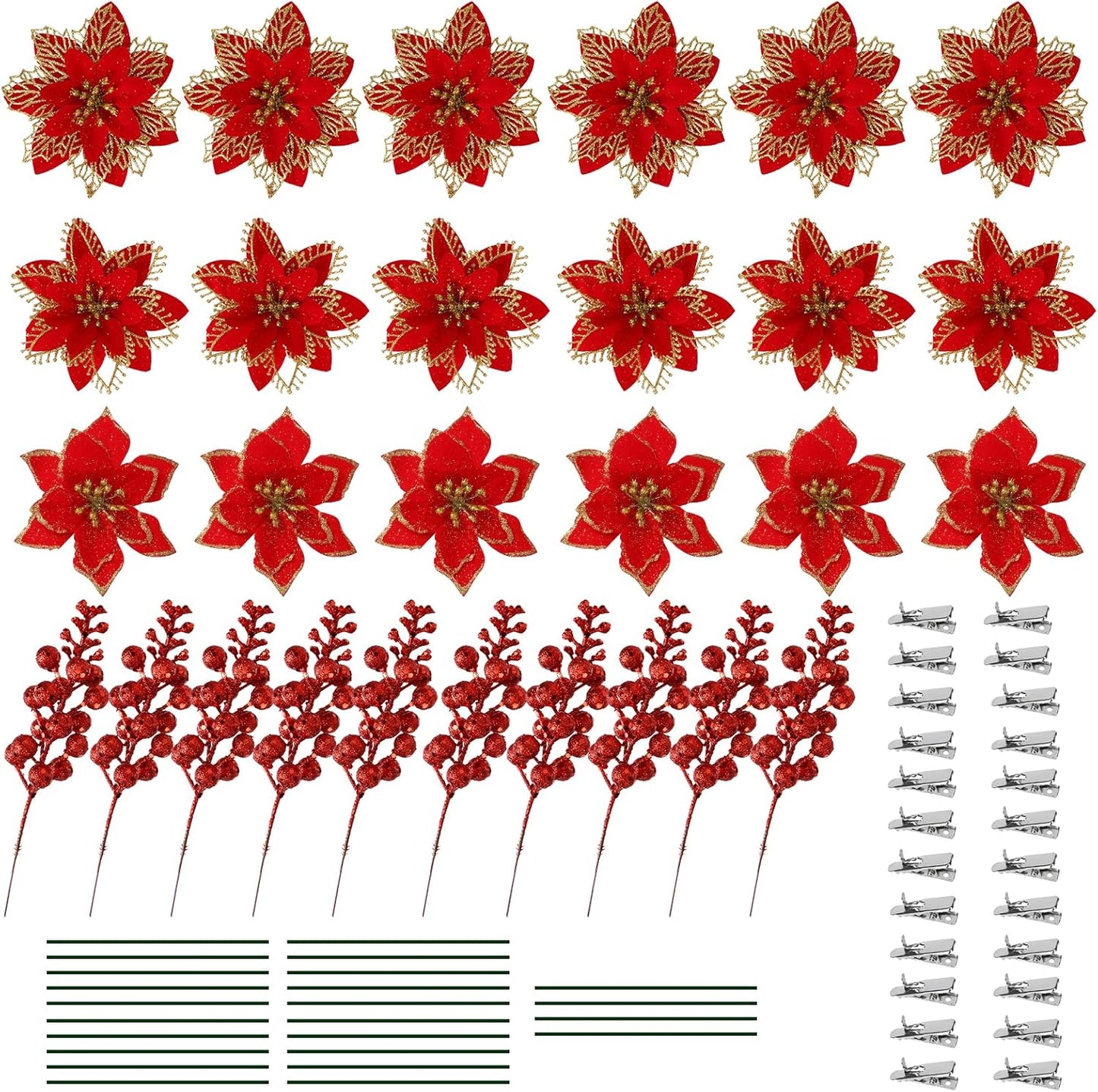 197094 - LULE ARTIFICIALE POINSETTIA për Pemën e Krishtlindjeve nga Kompania Festive, Shkëlqim dhe Kapëse, të Kuqe