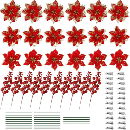 197094 - LULE ARTIFICIALE POINSETTIA për Pemën e Krishtlindjeve nga Kompania Festive, Shkëlqim dhe Kapëse, të Kuqe