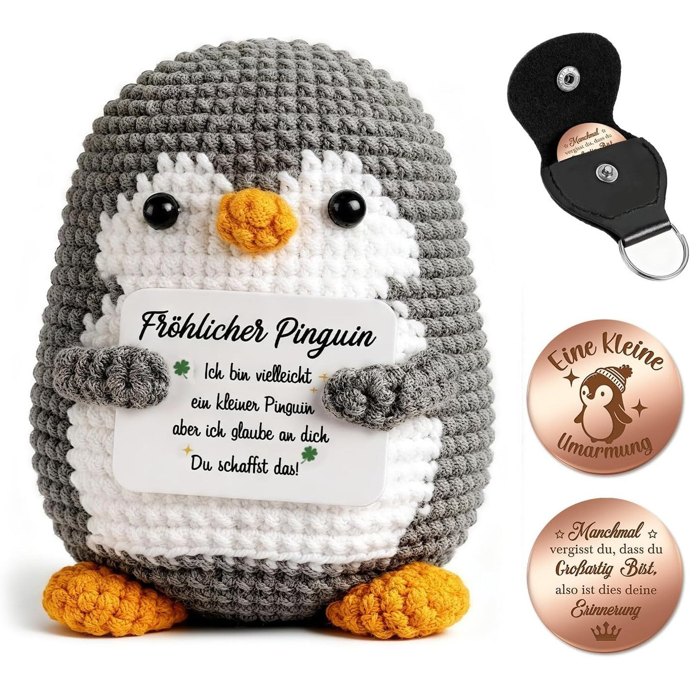 186406 - GIFTOTA - Kukull Pinguini me Përqafim Xhepi, e Thurur me Dorë, me Monedhë me Fat dhe Kuti Lëkure, si Amuletë Inkurajimi, Dhuratë për Shënim të Shpejtë, Ditën e Shën Valentinit, për Burra, Gra dhe Adoleshentë