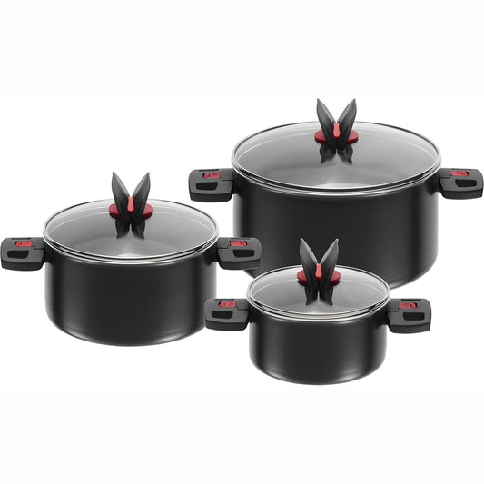 239251 - BALLARINI Set enësh gatimi Click + Cook me 3 pjesë (16 cm + 20 cm + 24 cm), duke përfshirë 3 kapakë qelqi, të veshur me shtresë jo ngjitëse, me doreza plastike të palosshme, të zeza