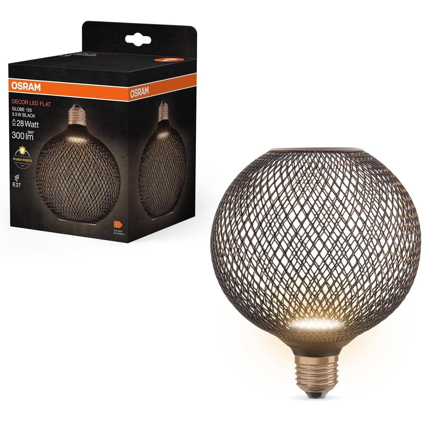 184950 - OSRAM Llambë LED FLAT GLOBE, rrethore dhe e sheshtë, me fuqi 3.5W dhe intensitet drite 300lm/2700K, në ngjyrë të bardhë të ngrohtë 827, material akrilik dhe plastikë e zezë, me fileto vidë E27, jo e errësueshme, diametër 125 mm.