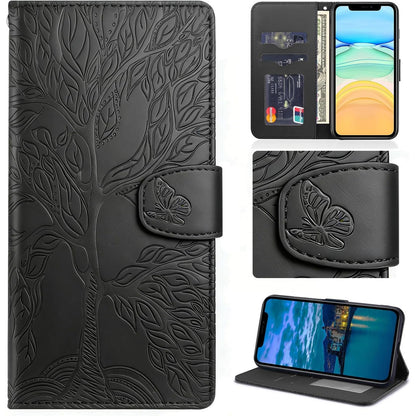 320589 - AISENTH Mbrojtëse për Samsung Galaxy A51 SM-A515F, Mbulesë e Rrotullueshme me Model Fluturash në Stilin e Pemës së Jetës, prej Lëkure Sintetike, Mbrojtëse për Portofolin me Vende për Karta, e Kuqe